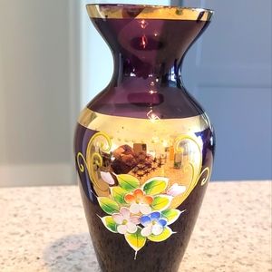 VINTAGE BOHEMIA, PURPLE AMETHYST COLOR BUD VASE 24K GOLD FINISH 6" TALL